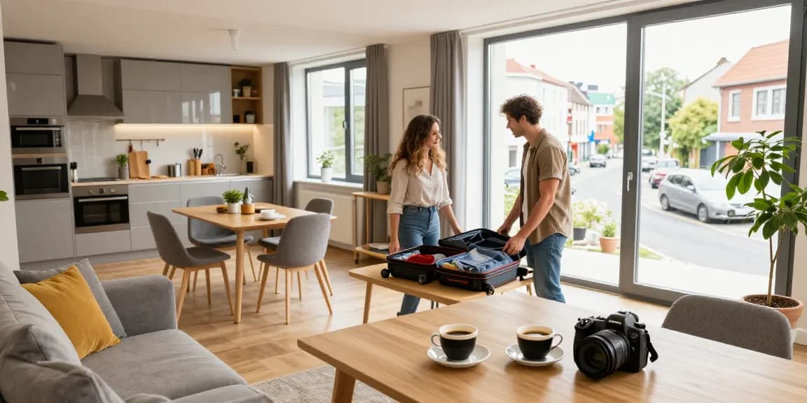 Gemütliches Monteurzimmer in Hannover mit voll ausgestatteter Küche und einladendem Wohnzimmer.