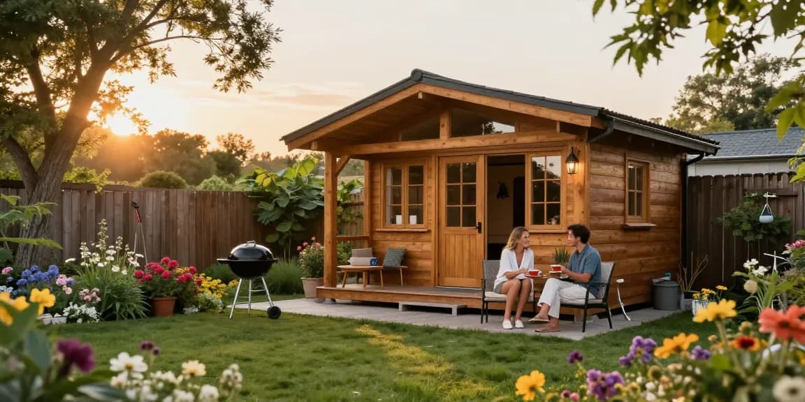 Ein Garten Haus umgeben von Blumen und Pflanzen, ideale Wohlfühloase für Gartenfreunde.