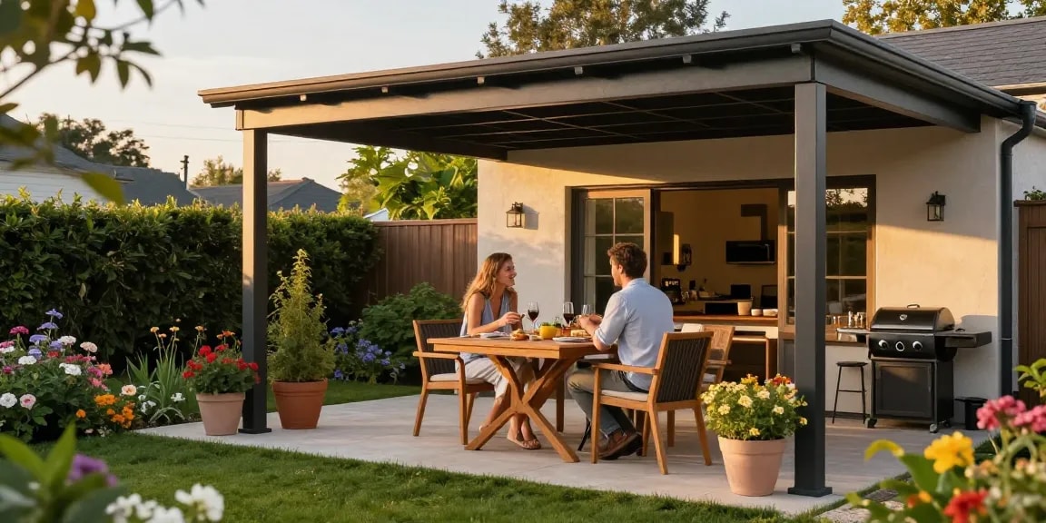 Elegante freistehende Terrassenüberdachung mit Paar bei Abendessen im Garten.