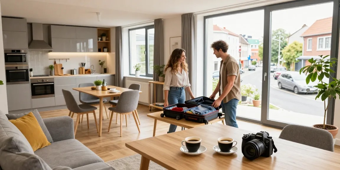 Gemütliches Monteurzimmer in Hannover mit voll ausgestatteter Küche und einladendem Wohnzimmer.