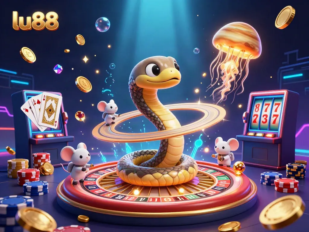 Watch tiny astronaut mice bet on the LU88 roulette wheel while a golden jellyfish deals cosmic fun.