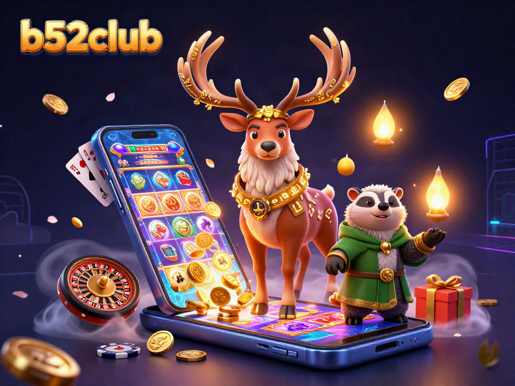 Engage in exciting slot action at b52club with vibrant 3D characters and games, showcasing dynamic casino elements.