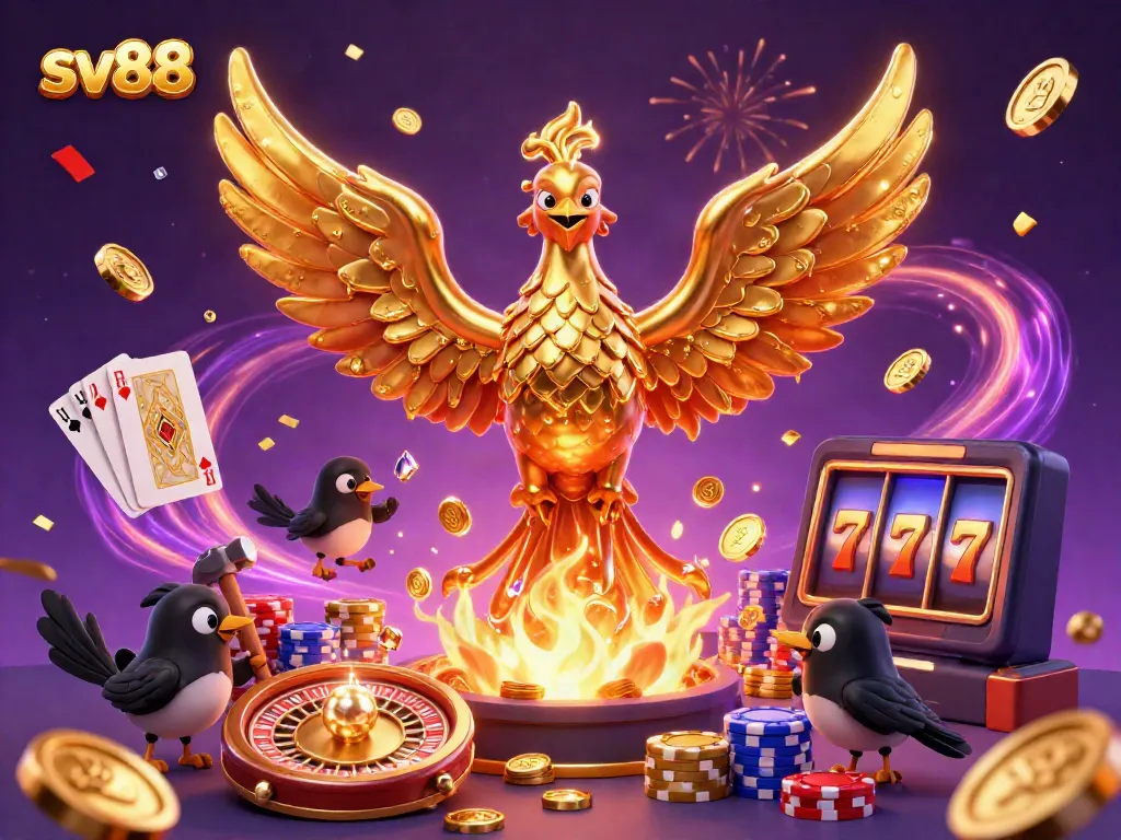 Experience sv88's thrilling atmosphere where golden phoenixes emerge from the flames of fortune, showcasing vibrant casino elements.