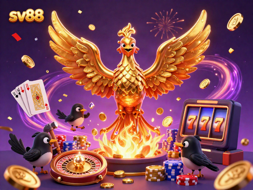 Experience sv88's thrilling atmosphere where golden phoenixes emerge from the flames of fortune, showcasing vibrant casino elements.