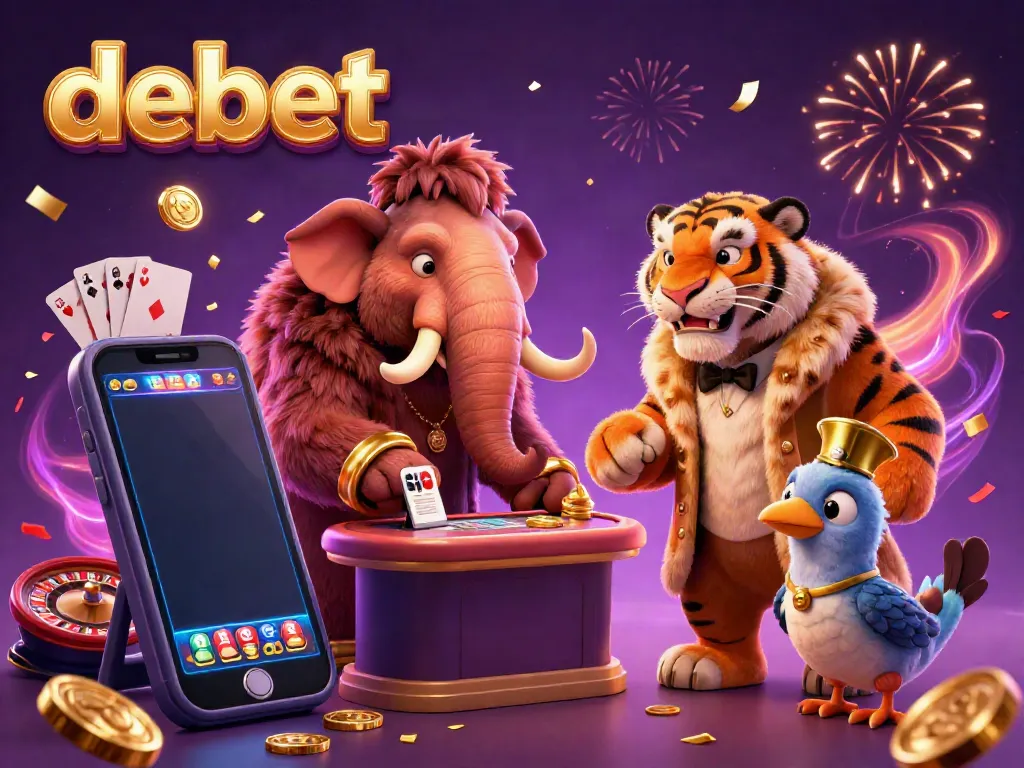 Join the casino fun with debet's VIP entrance featuring furry characters and spinning slot game excitement!