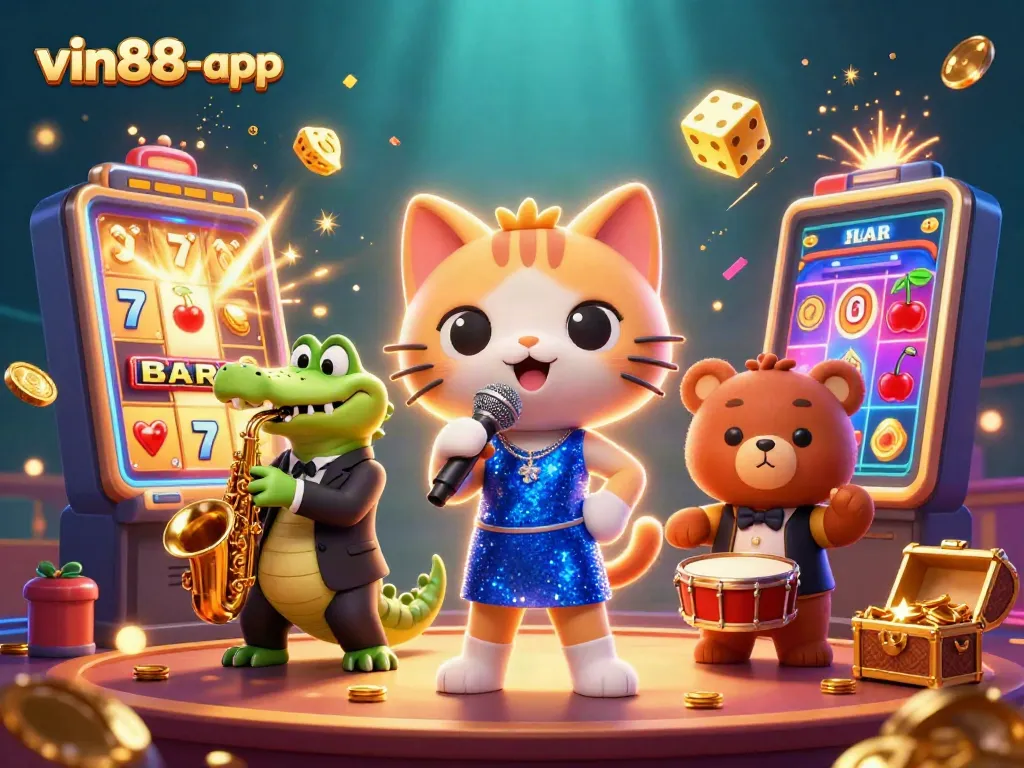 Experience the excitement of vin88-app with a vibrant casino scene featuring lively characters and dynamic gaming elements.