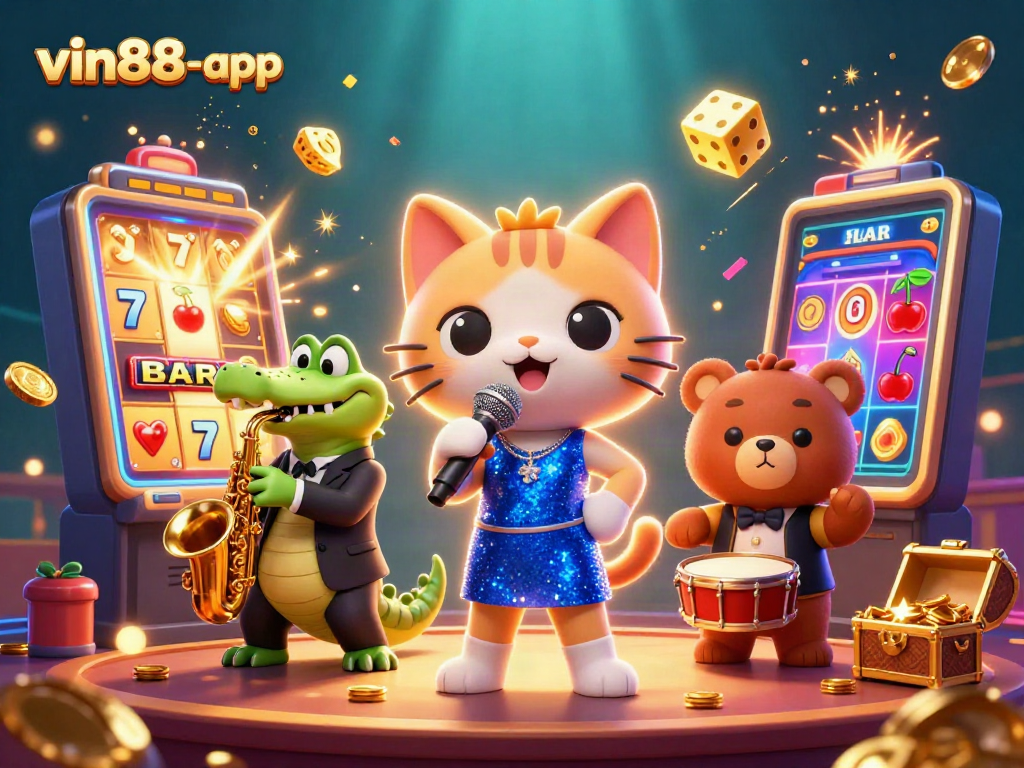 Experience the excitement of vin88-app with a vibrant casino scene featuring lively characters and dynamic gaming elements.