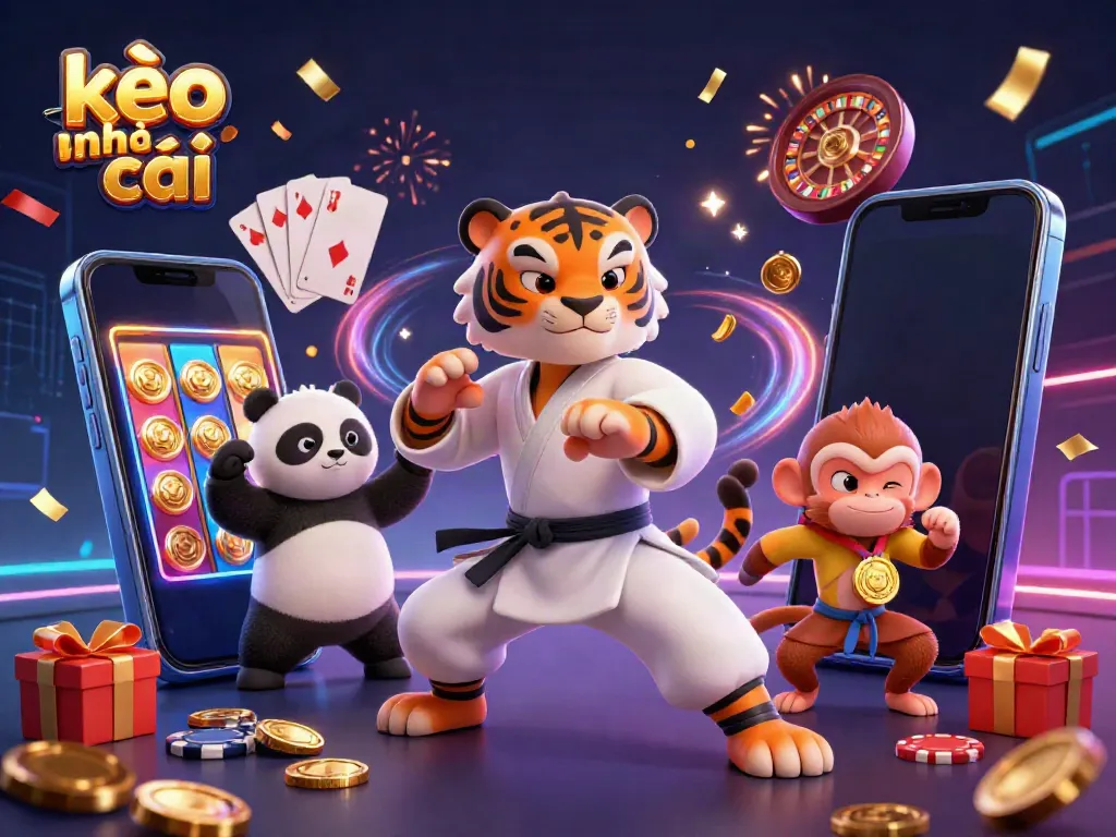 Engage with kèo nhà cái through a lively, colorful 3D scene filled with casino elements and playful characters.