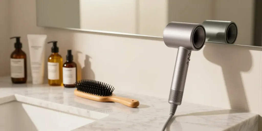 Professioneller ionen haartrockner und Haarpflegeprodukte in modernem Badezimmer.