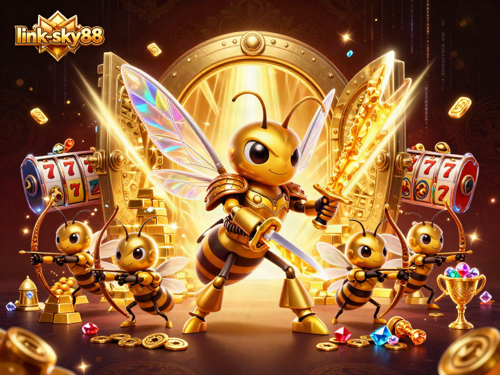 Engage in the thrilling gold rush of link-sky88 as a giant hornet leads bee archers in a vibrant casino adventure.