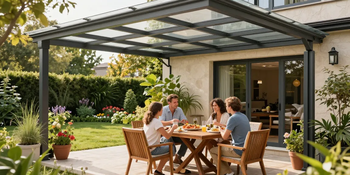 Familie genießt den sonnigen Tag unter einer eleganten Terrassenüberdachung.