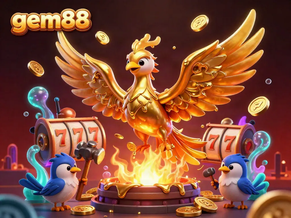 Experience thrilling action at gem88 with a golden phoenix and dynamic gaming elements in an enchanting casino scene.