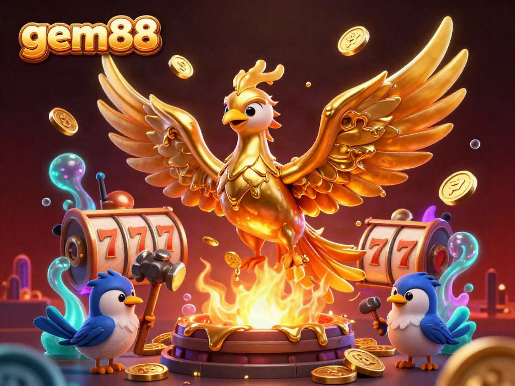 Experience thrilling action at gem88 with a golden phoenix and dynamic gaming elements in an enchanting casino scene.