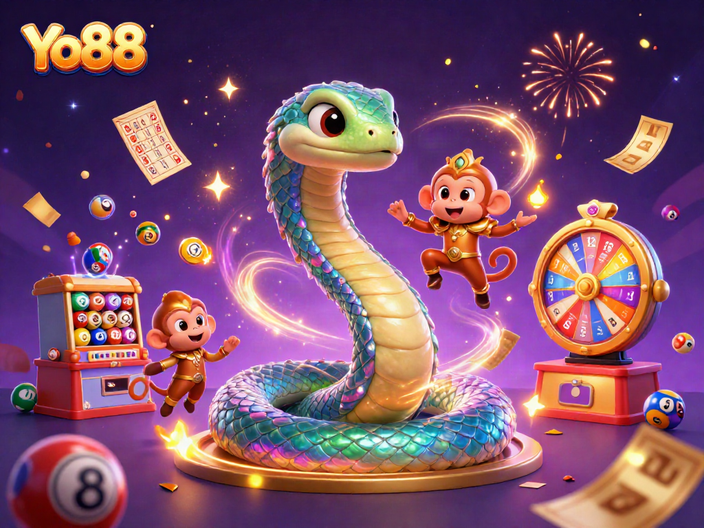 Engage in thrilling games at Yo88, with vibrant elements like colorful lottery balls and a playful monkey king.
