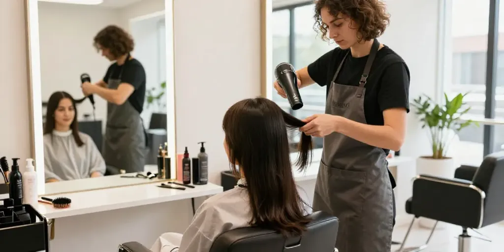 Hairstylist verwendet den Laifen Föhn in einem modernen Schönheitssalon, um das Haar eines Kunden zu stylen.