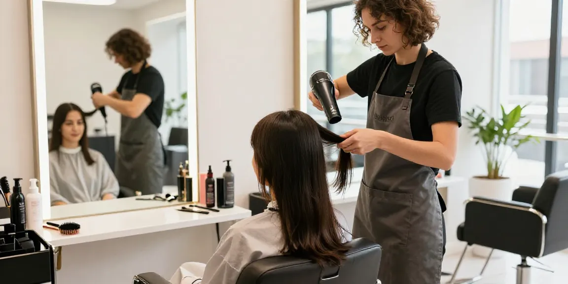 Hairstylist verwendet den Laifen Föhn in einem modernen Schönheitssalon, um das Haar eines Kunden zu stylen.