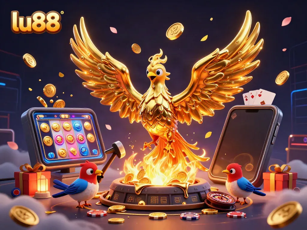 Experience the thrilling world of lu88 with a golden phoenix and dynamic casino elements in action.