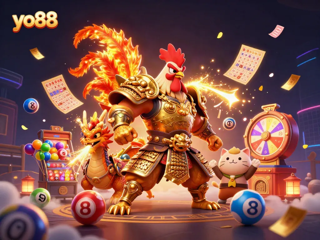 Join the excitement at yo88 with a dynamic casino illustration featuring vibrant games and characters celebrating wins.