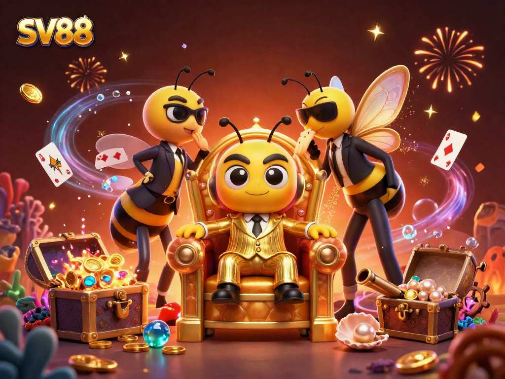 SV88 showcases a vibrant casino scene with playful characters and thrilling elements, highlighting gaming excitement.
