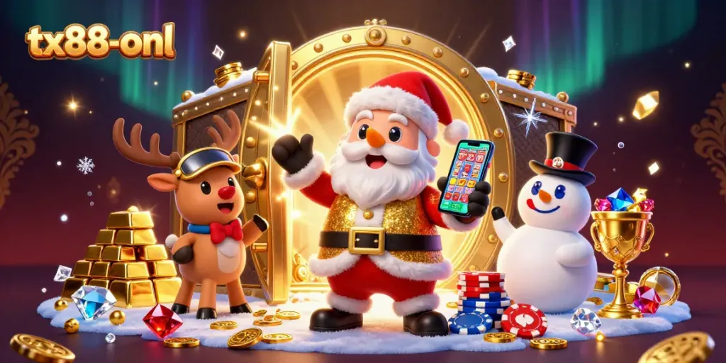 Win big at tx88-onl with Santa and his casino buddies celebrating jackpots!