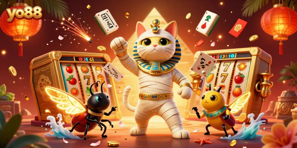 Experience intense gaming excitement at yo88 with a 3D mummy cat emerging from a golden sarcophagus.