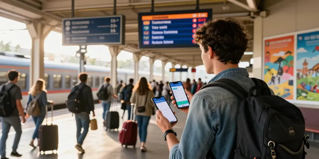 Zugtickets online buchen am Bahnhof mit Reisenden und digitalen Anzeigen.