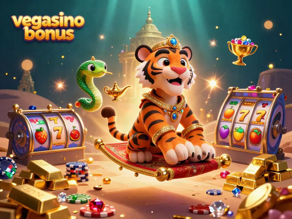 Spin the reels and claim your vegasino bonus with dazzling treasures in a vibrant casino scene.