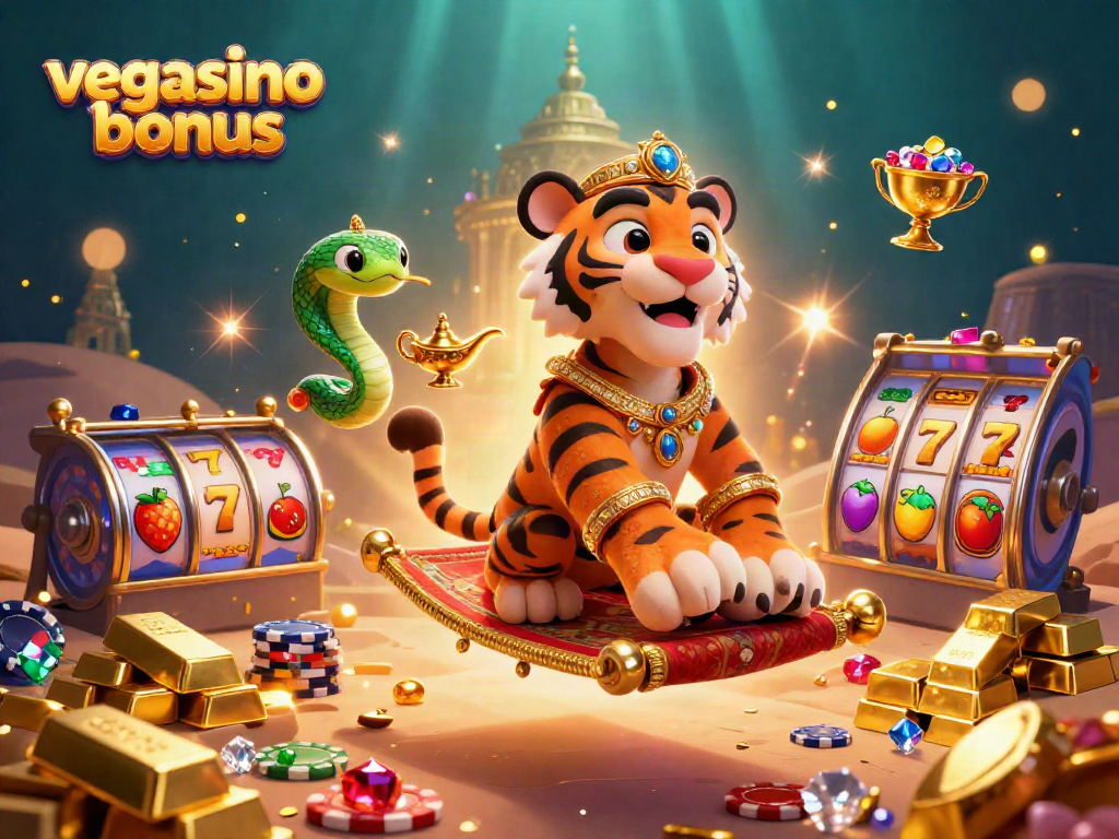 Spin the reels and claim your vegasino bonus with dazzling treasures in a vibrant casino scene.