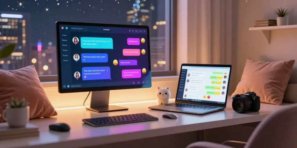 Cozy digital lounge for spicy chat experiences with warm ambient lighting and vibrant interactions.