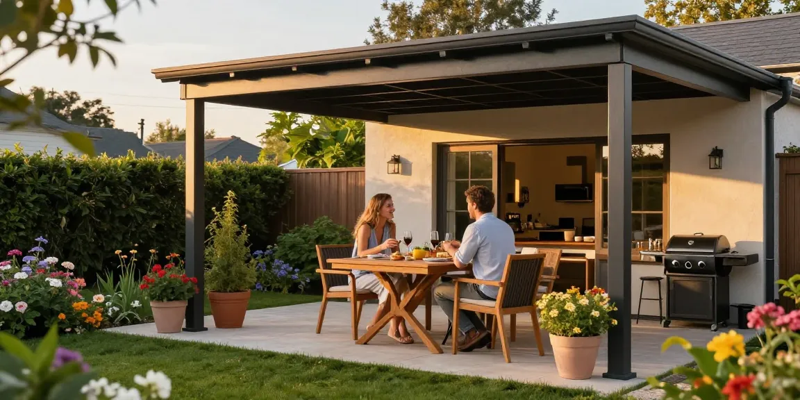 Elegante freistehende Terrassenüberdachung mit Paar bei Abendessen im Garten.