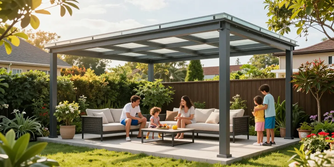 Moderne Terrassenüberdachungen in einem einladenden Garten mit Familie und Sonnenschein.