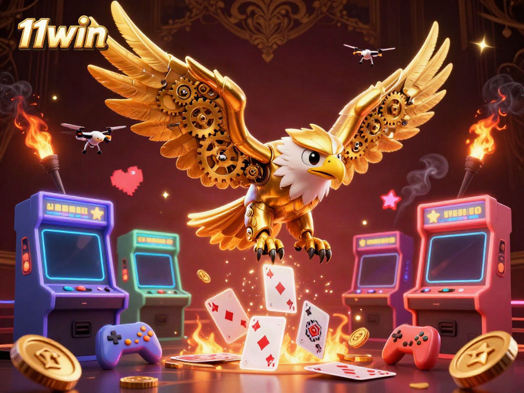 Experience thrilling gameplay with 11win as a cybernetic eagle soars through vibrant casino elements.