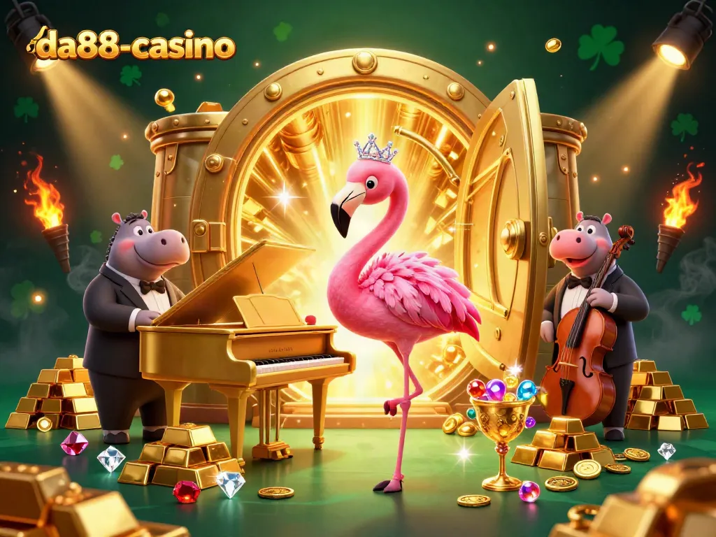 Engage with da88-casino's vibrant casino experience featuring a flamingo singer and hippo bassist.