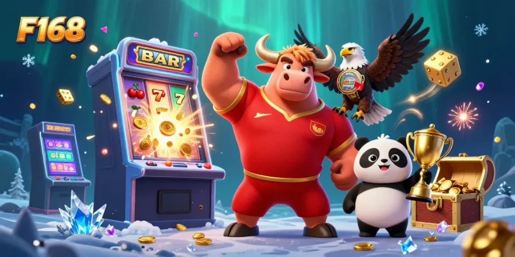 Experience F168 with a vibrant scene featuring a bull mascot, eagle, and panda amidst a jackpot explosion.