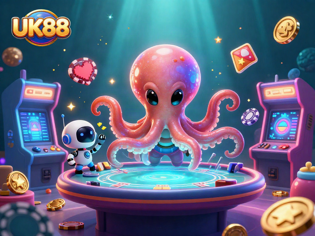Engage with UK88 through an exciting poker table scene featuring a lively alien octopus.