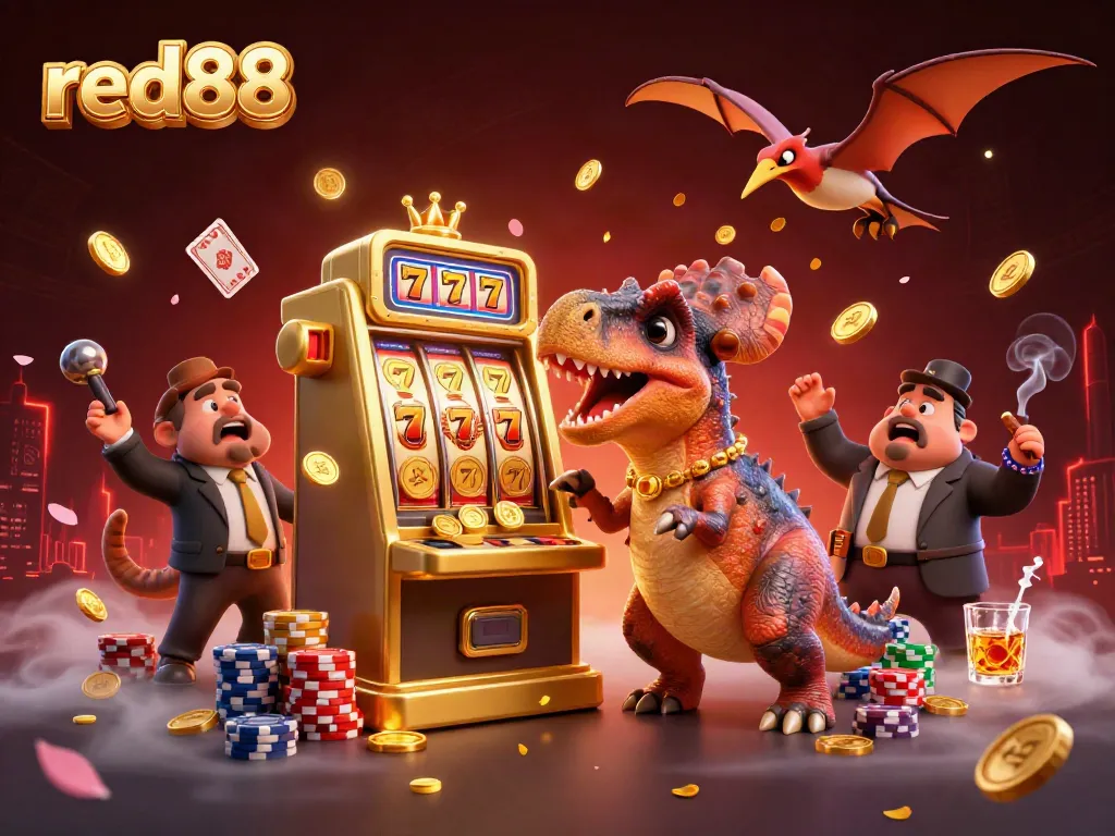 Experience thrilling wins with red88: a dinosaur headbutting a golden slot machine in an animated casino scene.