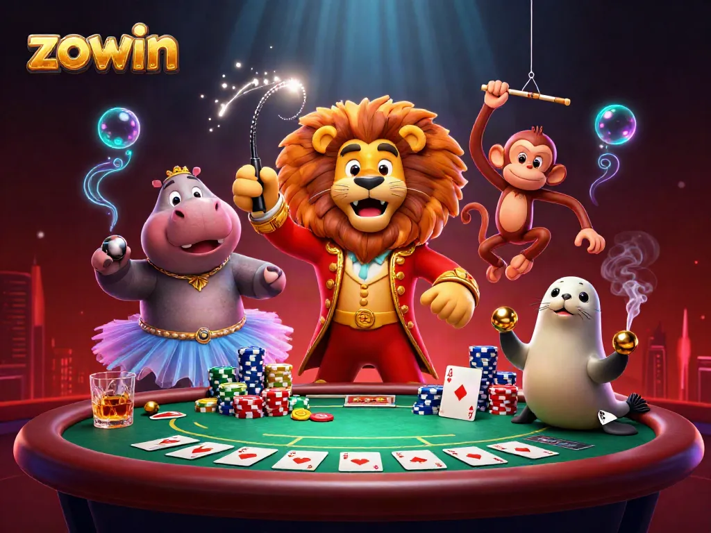 Zowin casino vibrant illustration featuring playful characters like a lion and a monkey amidst dynamic poker elements.