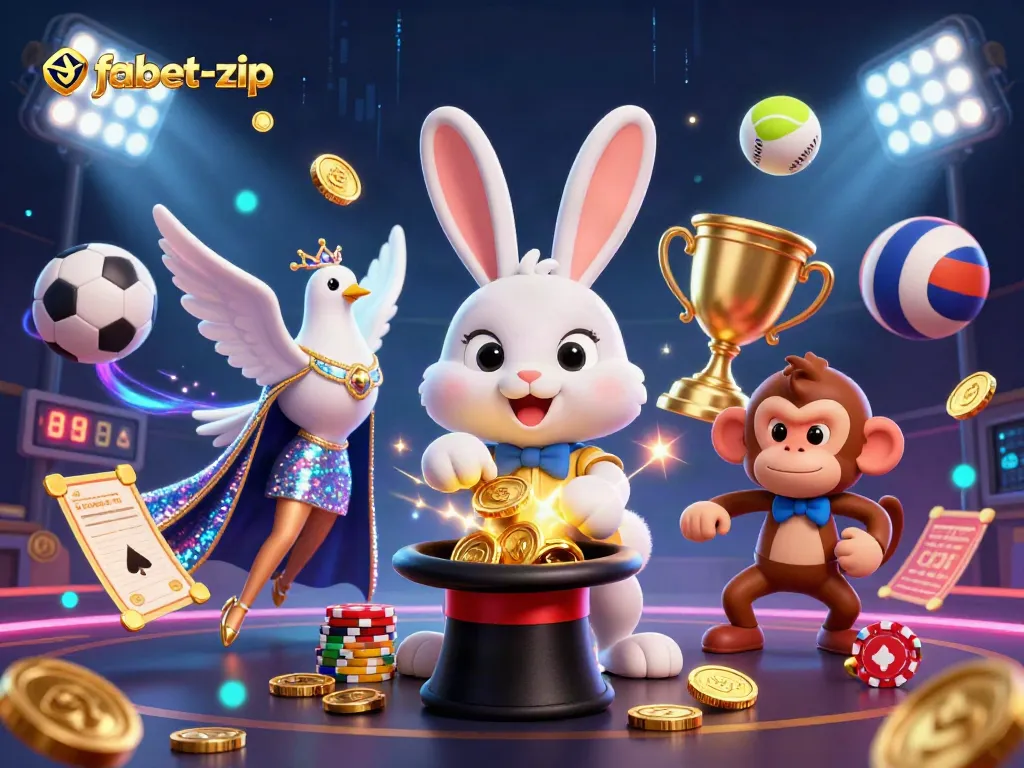 Bet on fabet-zip with a magical casino illustration featuring a rabbit pulling coins and sports elements.