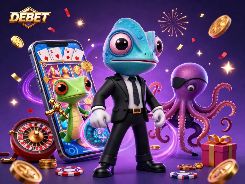 Engage in thrilling gameplay with DEBET's vibrant 3D action featuring slot games and casino elements.