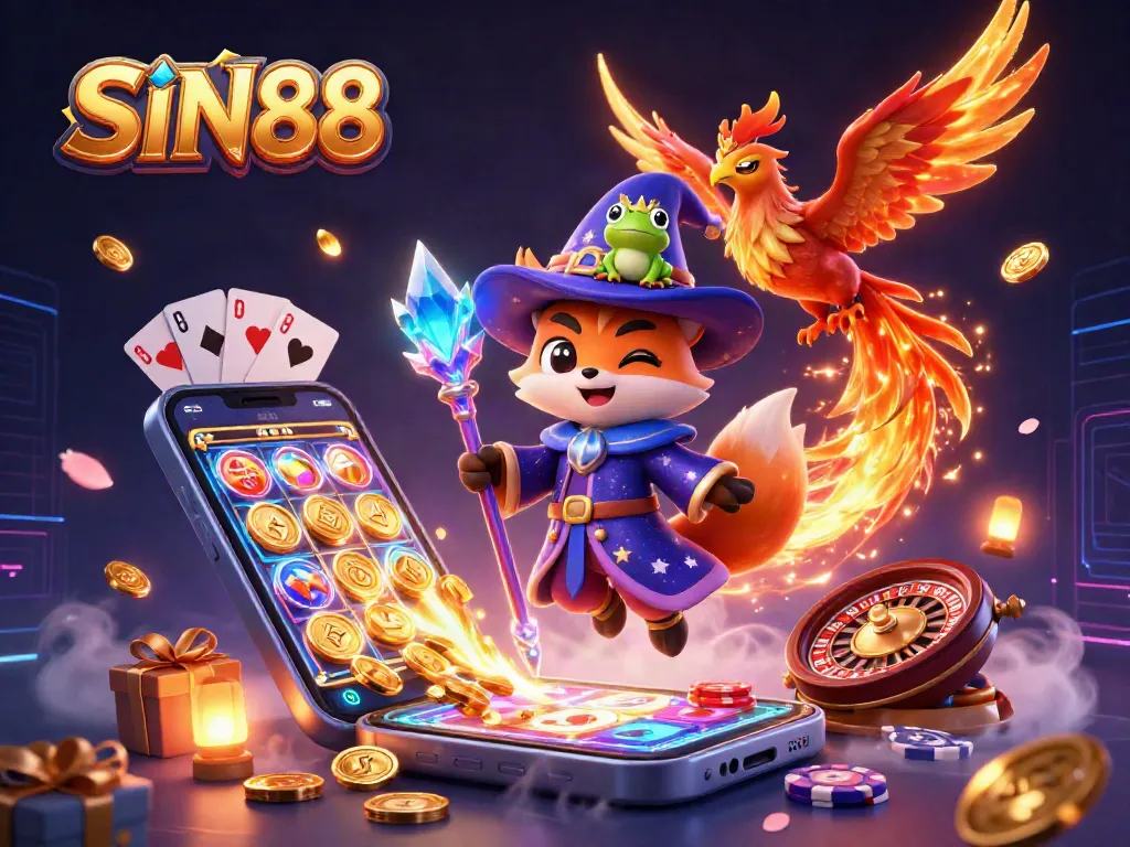 Experience thrilling gameplay at SIN88, featuring dynamic elements like slot games, cards, and gold coins.