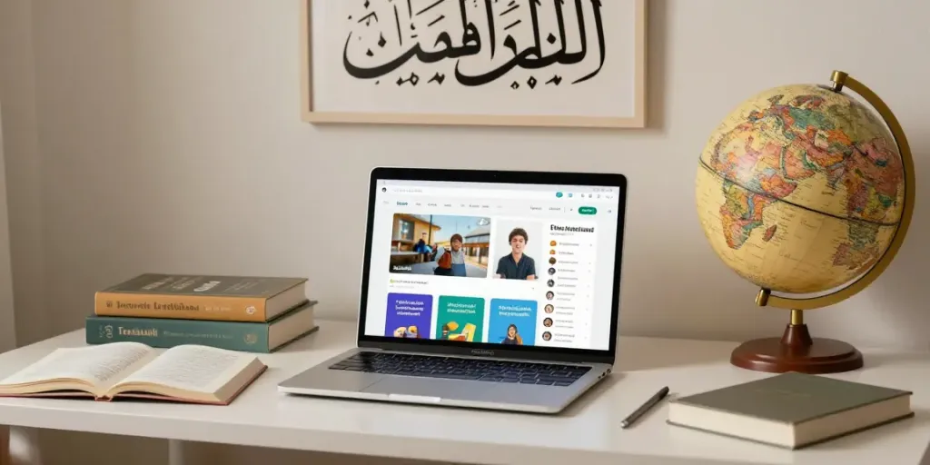 Arabisch lernen in Marokko: eine ansprechende Studienumgebung mit Laptop und Lehrmaterialien.