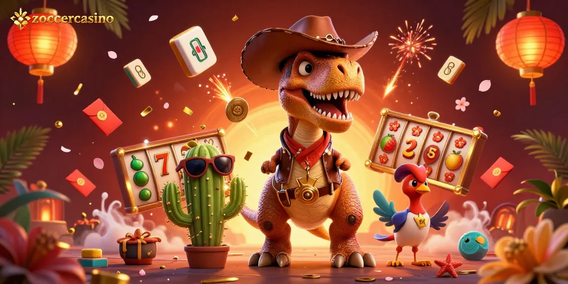 Play exciting slots at zoccercasino with vibrant illustrations featuring T-Rex, cactus, and roadrunner.
