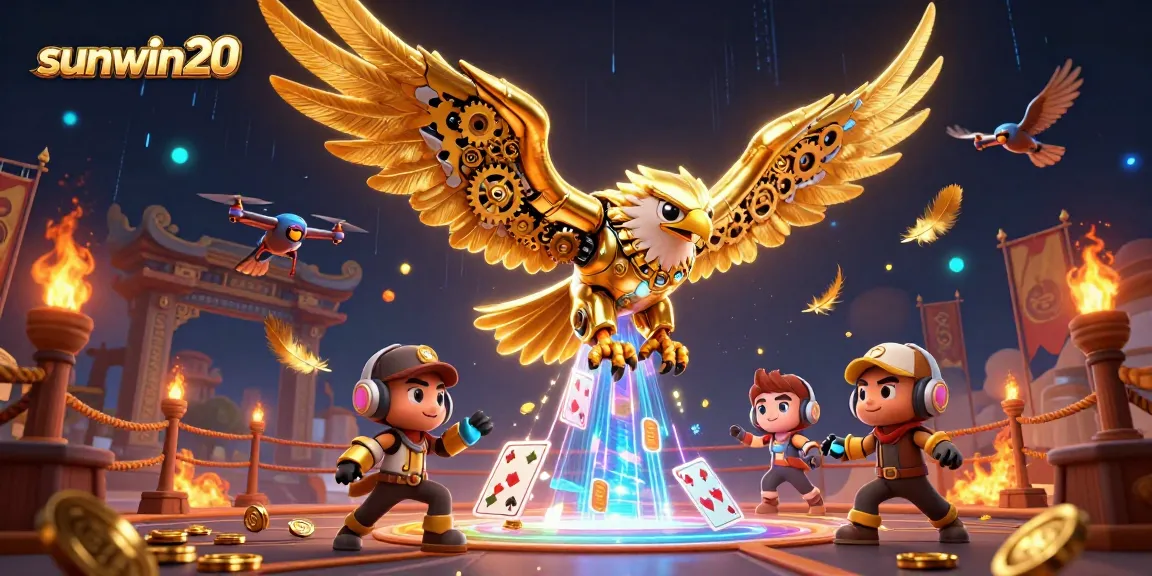 Engage with sunwin20 in a vibrant 3D casino scene featuring golden eagle and flying cards.